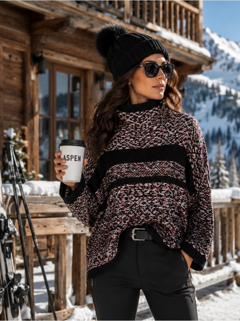 JOHN + JENN Chunky Cozy Marled Knit Funnel Neck Burgundy and Black Sweater, S